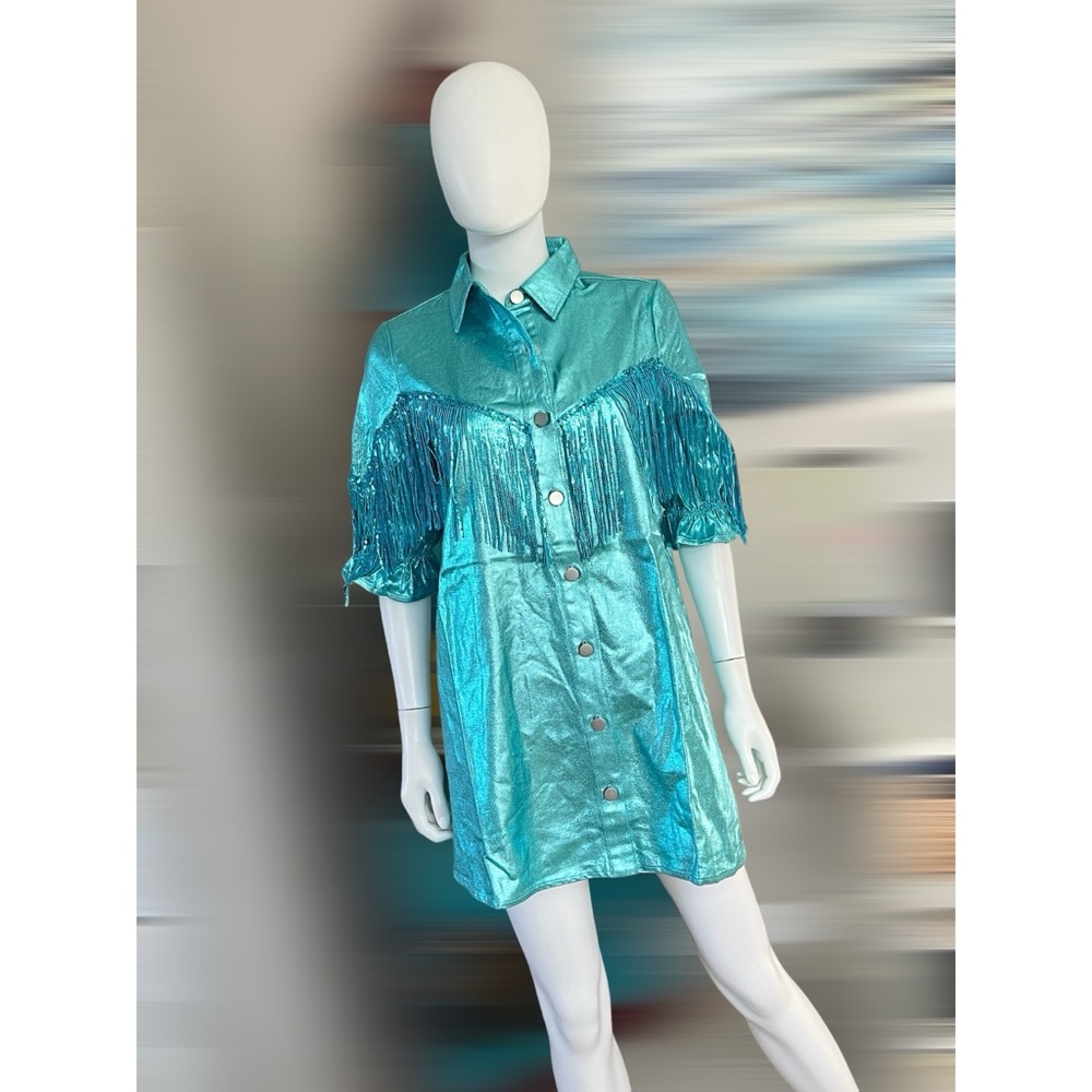 FANTASTIC FAWN Western vibe metallic aqua dress S M L - Picture 4 of 8